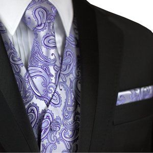 Men's Formal Wedding Prom Homecoming Tuxedo Vest Tie Hankie - Lavender Paisley